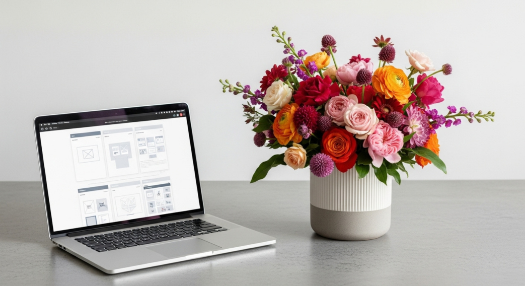 ノートパソコンとフラワーアレンジメント
